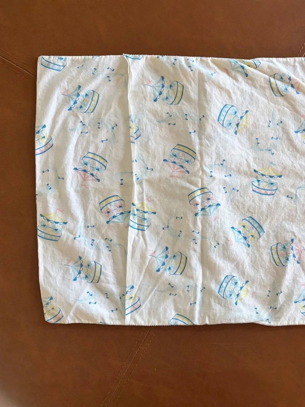 Baby Nursery Pillowcase Carousels Merry Go Round Music Notes vintage 60s 70s EUC